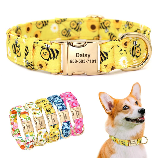 BlossomBuzz Personalized Nylon Dog Collar – Floral & Bee Print with Custom Pet ID