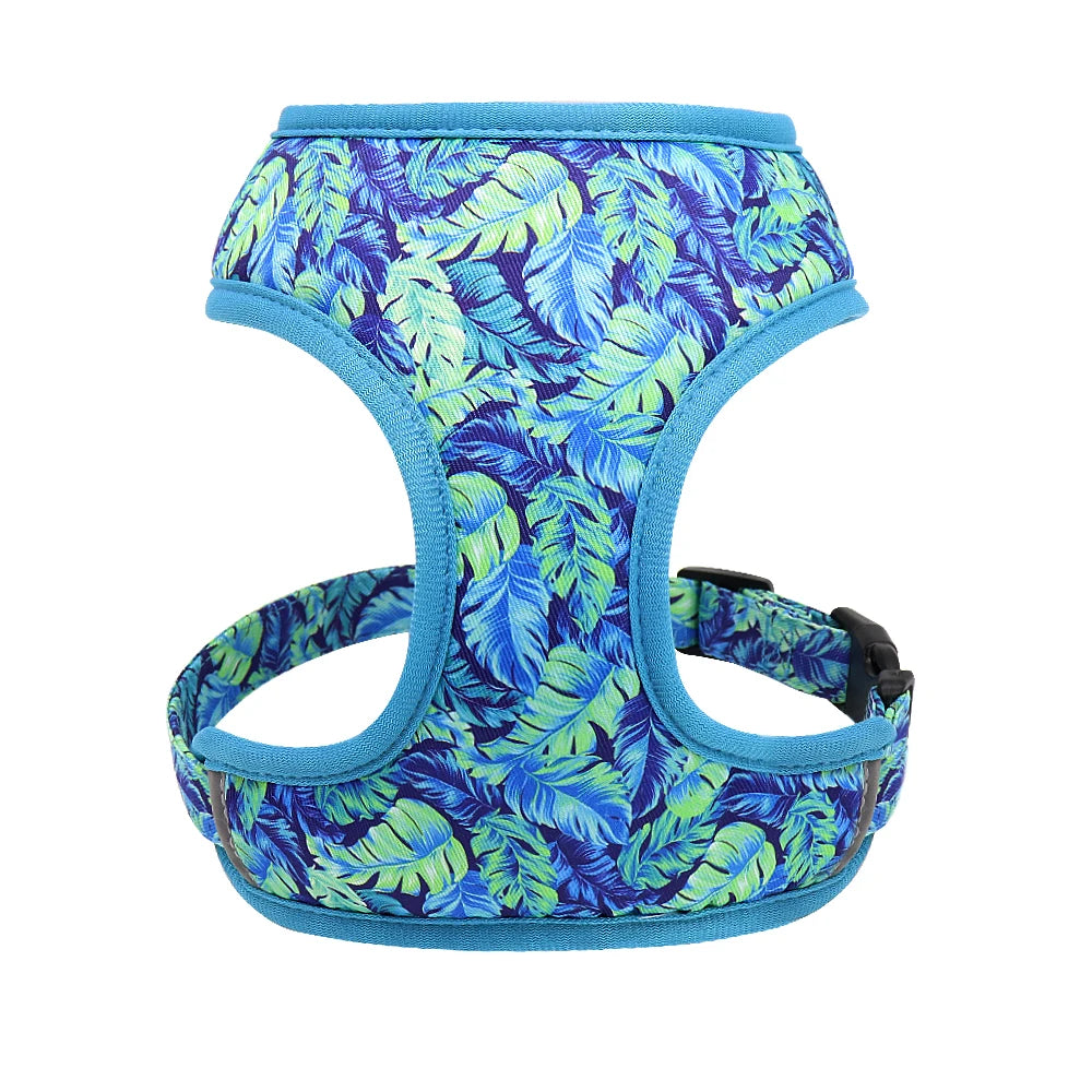 VibrantVibe Floral Mesh Harness, Collar, and Leash Set – Breathable No-Pull Walking Comfort with Engravable ID