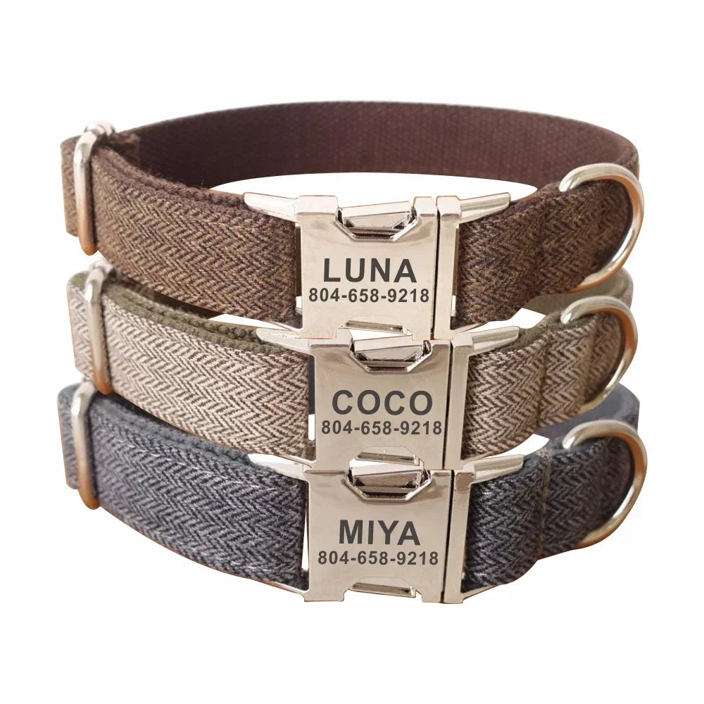 Personalized Plaid Dog Collar & Leash Set with Engraved ID Tag - Style Meets Safety