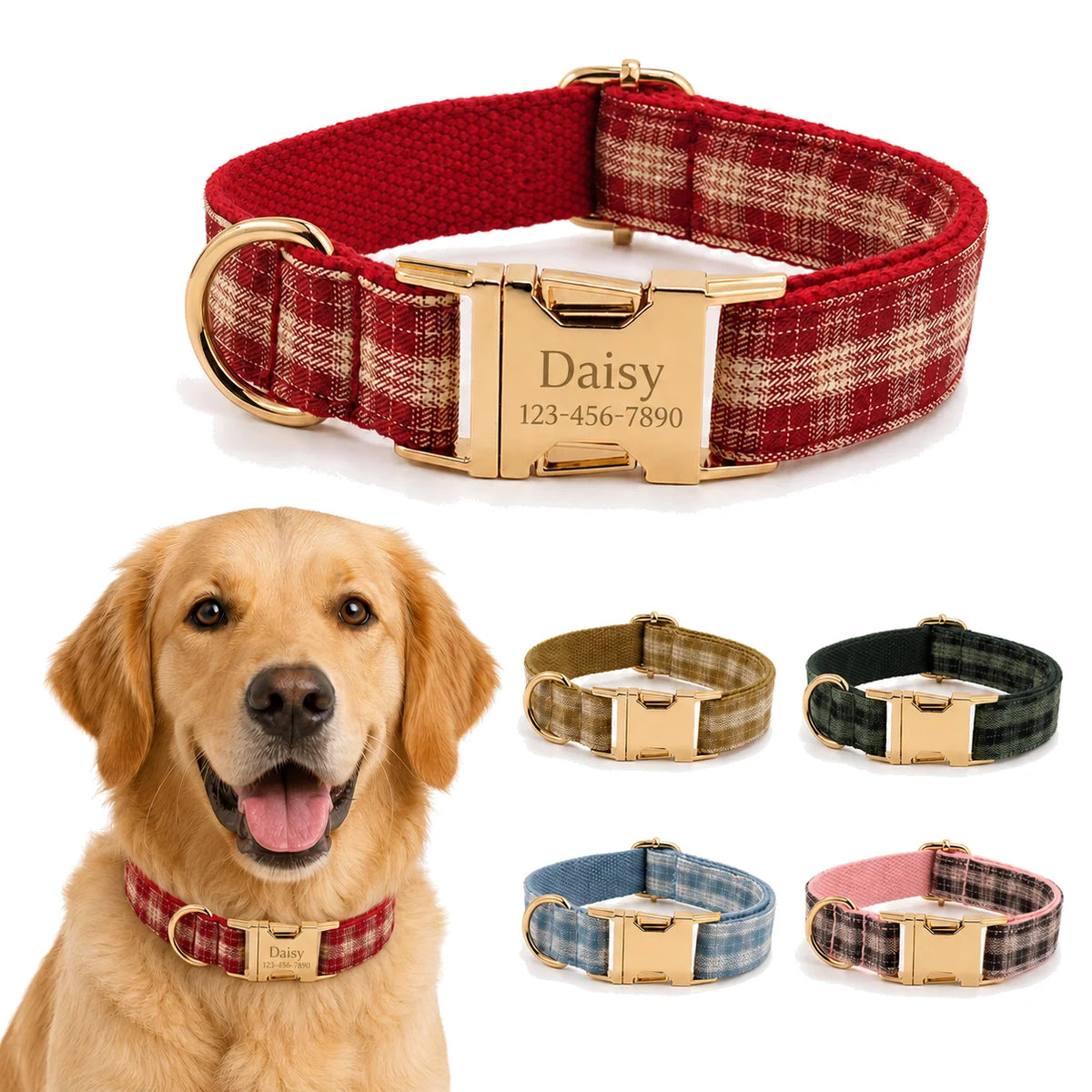 PlaidPaws Personalized Bow Tie Collar Set – Vintage Charm with Custom Engraved Gold Hardware