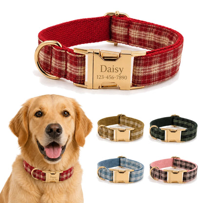 PlaidPaws Personalized Bow Tie Collar Set – Vintage Charm with Custom Engraved Gold Hardware
