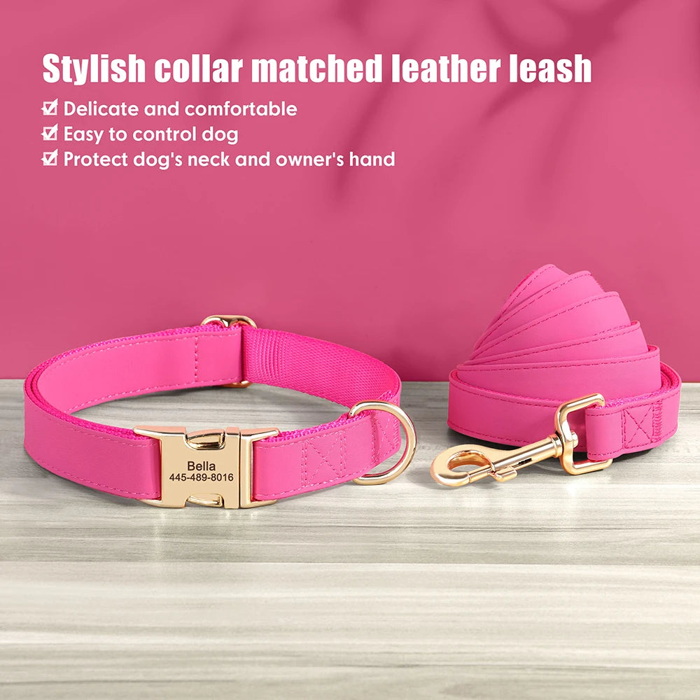 Personalized PU Leather Dog Collar & Leash Set - Durable Elegance for Every Pup