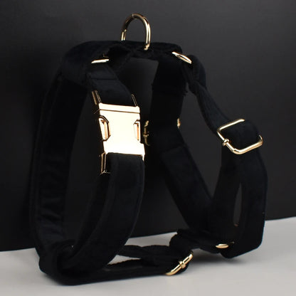 VelvetVogue Royal Black Velvet Collar, Harness & Leash Set – Luxury Custom Engraved Walking Collection with Detachable Bow Tie & Flower
