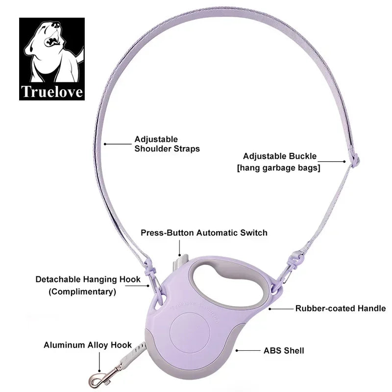 Truelove Tangle-Free Hands-Free Retractable Leash – 16ft Nylon Tape Walking System with One-Handed Brake & Bonus Shoulder Strap