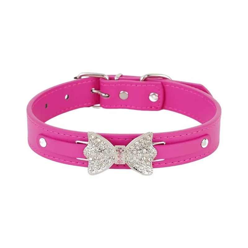 SparkleBow Premium PU Leather Collar – Glamorous Rhinestone Bowknot Accent for Dogs and Cats