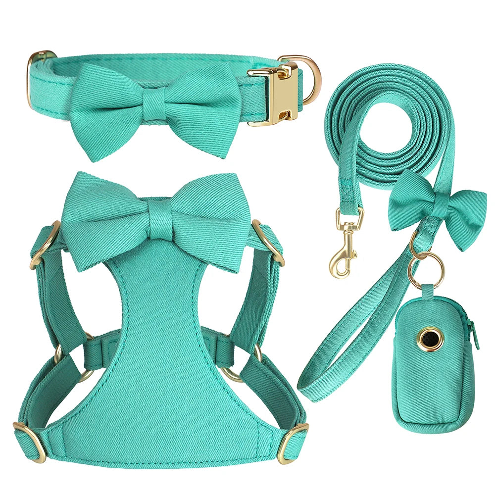 BowTie Charm 4-Piece Walking Set – Soft Vest Harness, Collar, Leash, and Poop Bag Holder