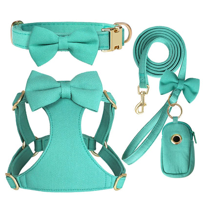 BowTie Charm 4-Piece Walking Set – Soft Vest Harness, Collar, Leash, and Poop Bag Holder