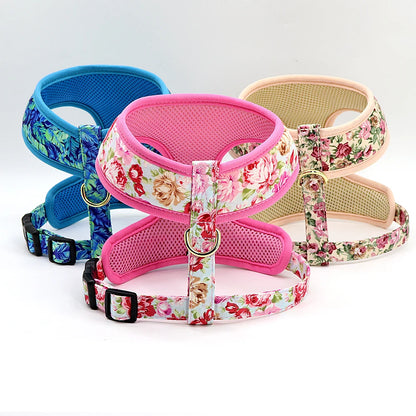 VibrantVibe Floral Mesh Harness, Collar, and Leash Set – Breathable No-Pull Walking Comfort with Engravable ID