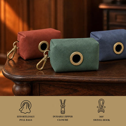 RetroChic Premium Leather Waste Bag Dispenser – Portable Zippered Poo Bag Holder with Leash Clip