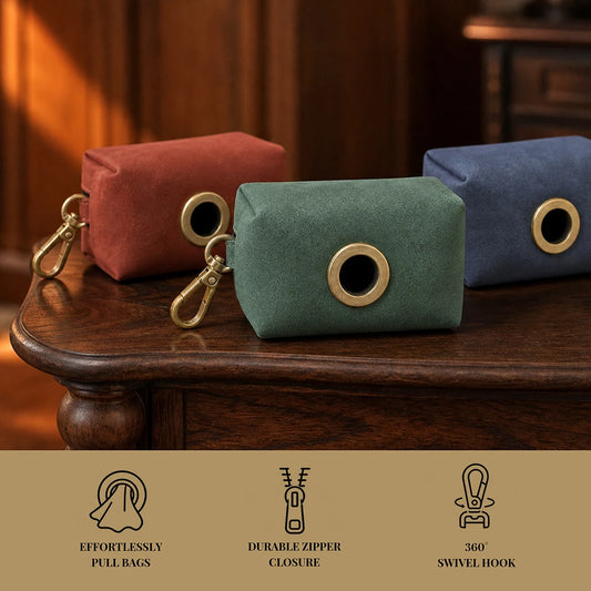 RetroChic Premium Leather Waste Bag Dispenser – Portable Zippered Poo Bag Holder with Leash Clip