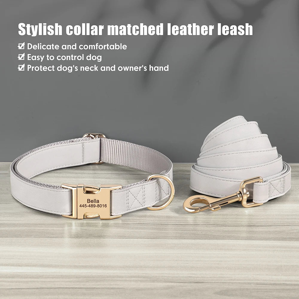 Personalized PU Leather Dog Collar & Leash Set - Durable Elegance for Every Pup