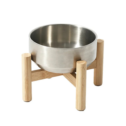 Ergonomic Elevated Pet Bowl – 304 Stainless Steel & Eco-Wood Stand Feeder