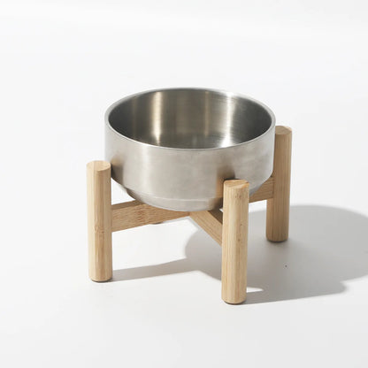 Ergonomic Elevated Pet Bowl – 304 Stainless Steel & Eco-Wood Stand Feeder