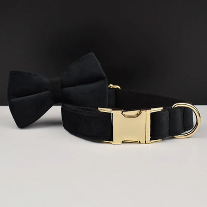 VelvetVogue Royal Black Velvet Collar, Harness & Leash Set – Luxury Custom Engraved Walking Collection with Detachable Bow Tie & Flower