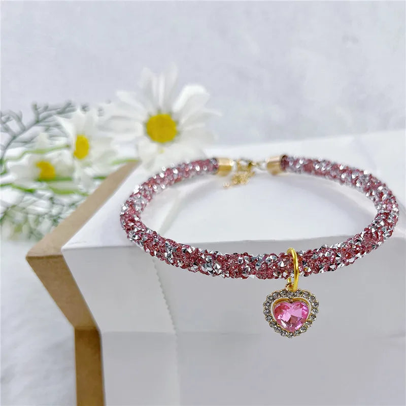 CrystalShine Heart Gem Pendant Pet Necklace – Elegant Rhinestone Breakaway Party Collar