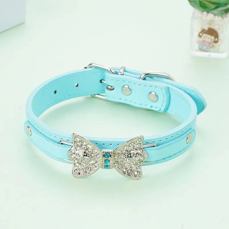 SparkleBow Premium PU Leather Collar – Glamorous Rhinestone Bowknot Accent for Dogs and Cats