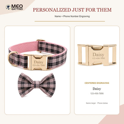 PlaidPaws Personalized Bow Tie Collar Set – Vintage Charm with Custom Engraved Gold Hardware
